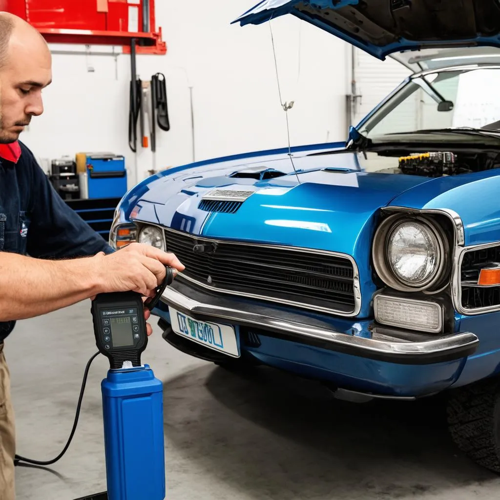 Mechanic connecting an OBD1 scanner to a car's diagnostic port